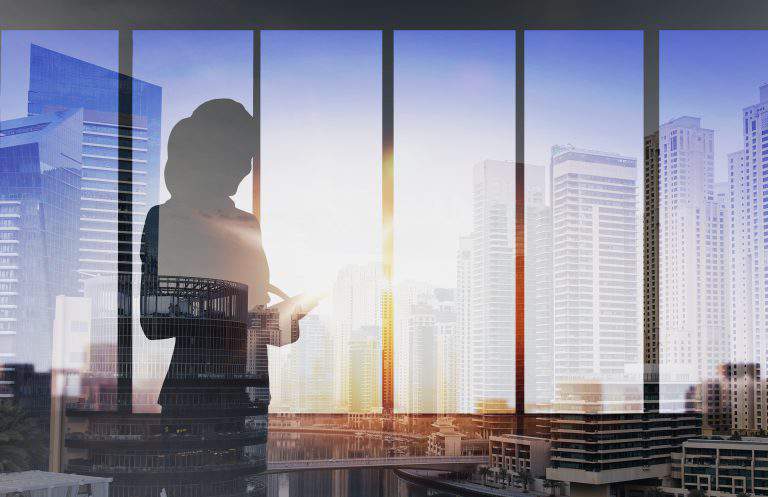 business and people concept - silhouette of woman with tablet pc over office window background over double exposure office and city background